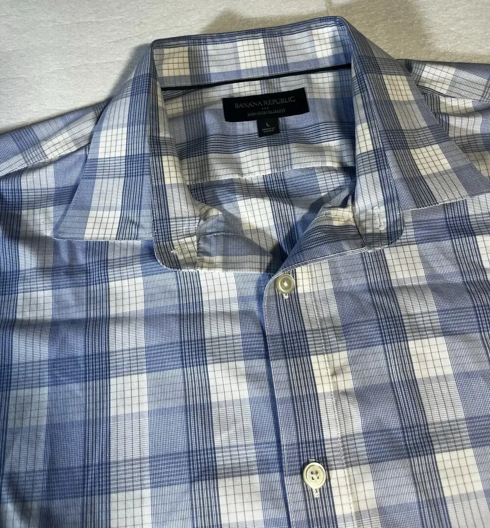 Banana Republic Mens L Non Iron Slim Fit Dress Shirt Blue White Plaid Long Sleev